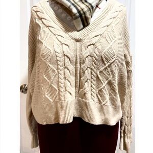 CAbi #5636 Cropped Cable Pullover Sweater | Straw Beige Ivory V-Neck Knit NWOT